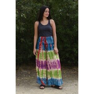 Wevez Tie Die Wide Leg Pants Free Size OS Colorful Rayon India Hippie Palazzo